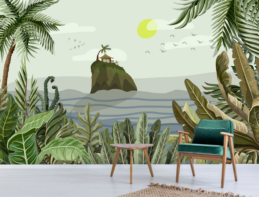 Tropical Island Ocean Wallpaper : Palm Jungle Seascape Mural - View 2