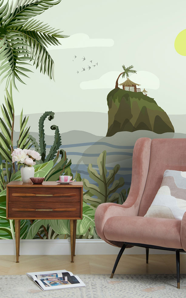 Tropical Island Ocean Wallpaper : Palm Jungle Seascape Mural - View 3