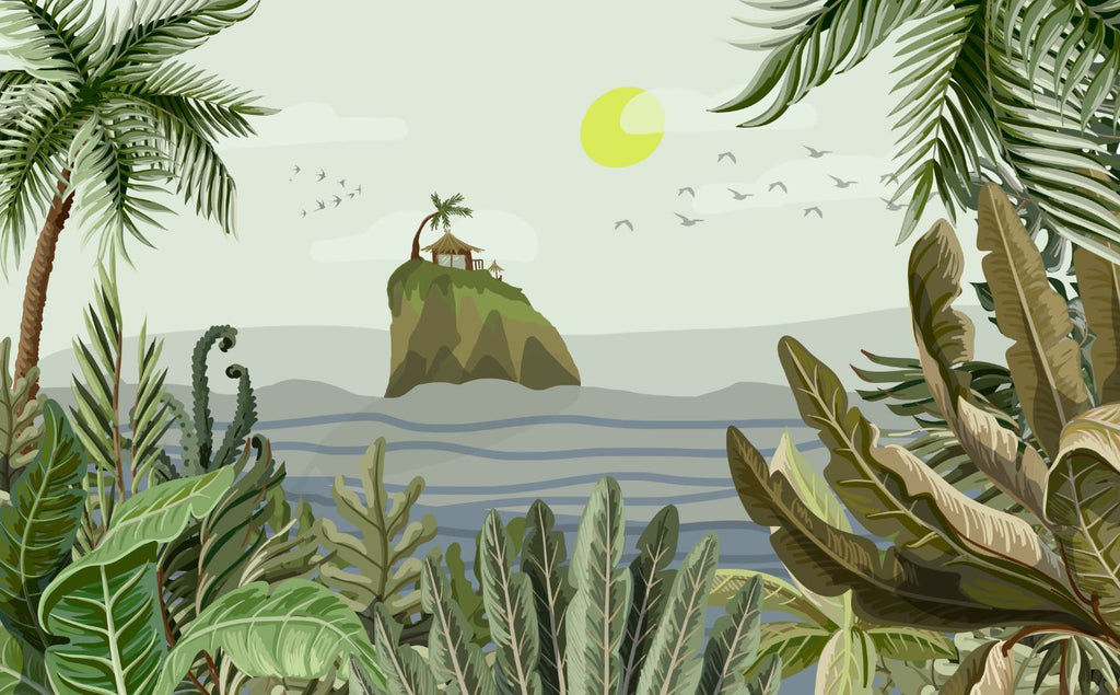 Tropical Island Ocean Wallpaper : Palm Jungle Seascape Mural - flat design