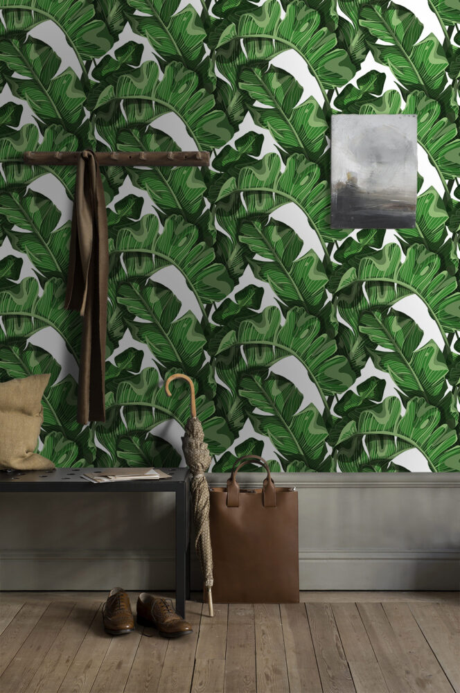 Classic Banana Leaf Wallpaper : Bright Green Tropical Pattern - View 2