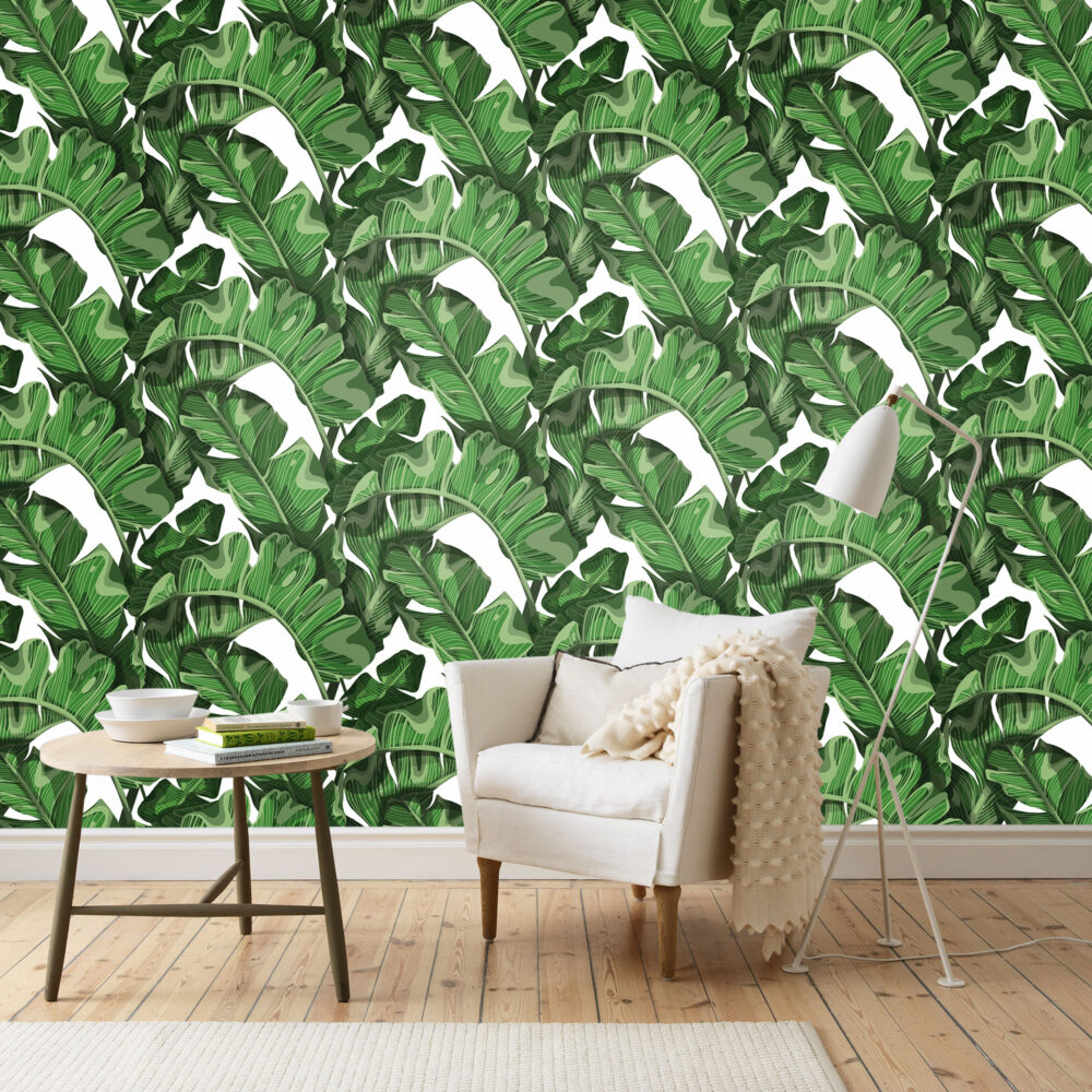 Classic Banana Leaf Wallpaper : Bright Green Tropical Pattern - View 3