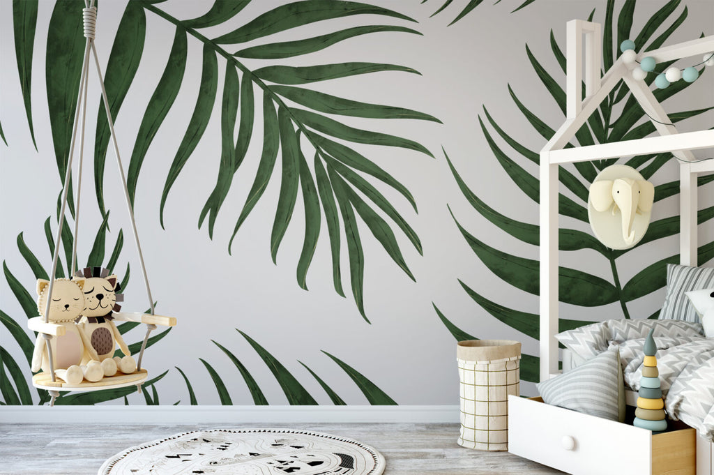 Green Palm Frond Wallpaper : Minimal Tropical Leaf Mural - View 3
