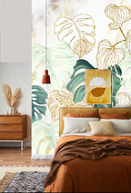 Gold Monstera Leaf Wallpaper : Marble Botanical Mural - View 2