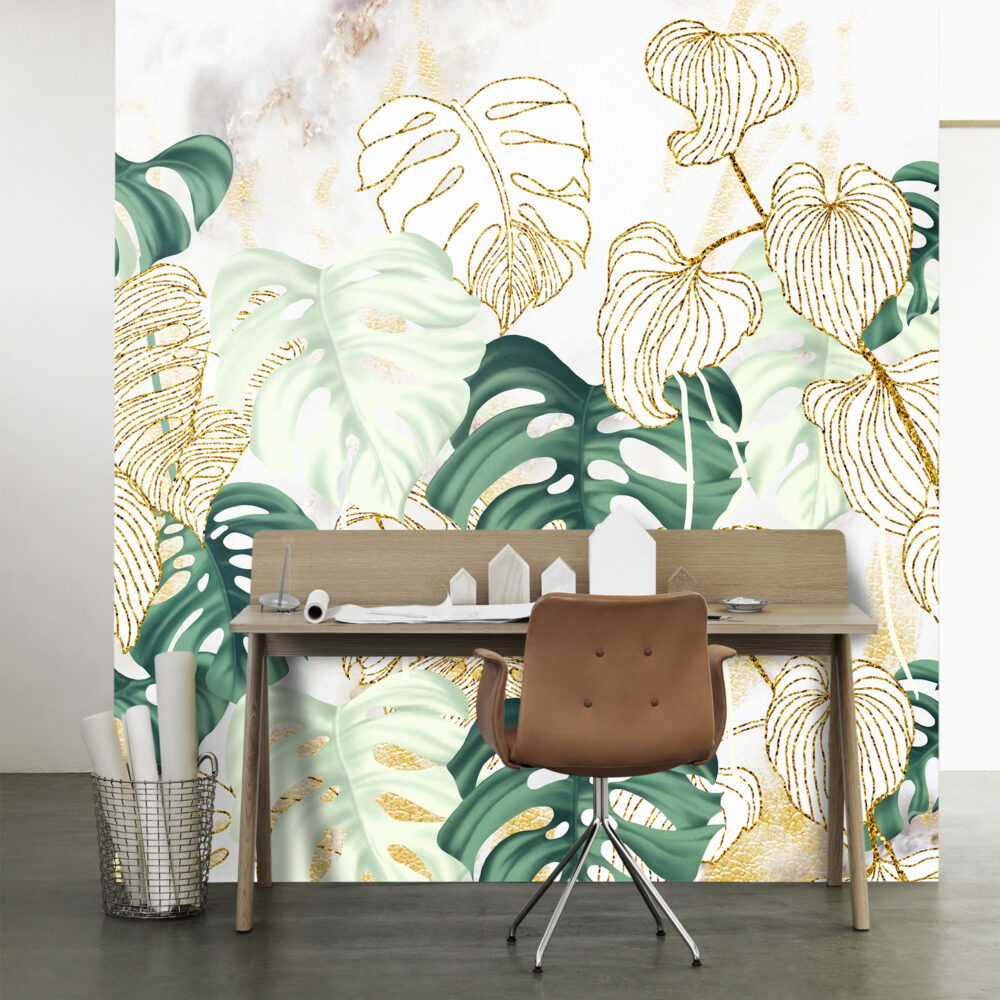 Gold Monstera Leaf Wallpaper : Marble Botanical Mural - View 3