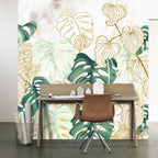 Gold Monstera Leaf Wallpaper : Marble Botanical Mural - View 3