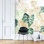 Gold Monstera Leaf Wallpaper : Marble Botanical Mural