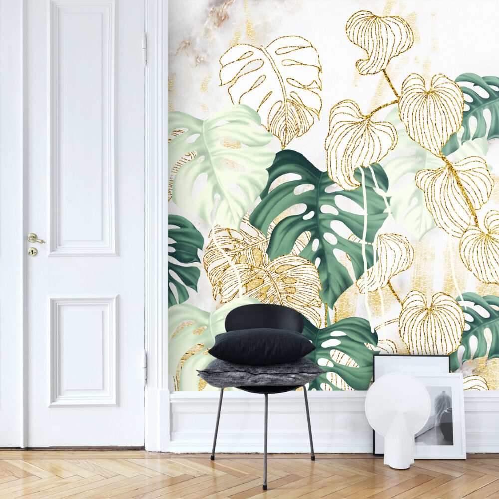 Gold Monstera Leaf Wallpaper : Marble Botanical Mural