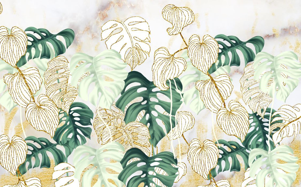 Gold Monstera Leaf Wallpaper : Marble Botanical Mural - flat design