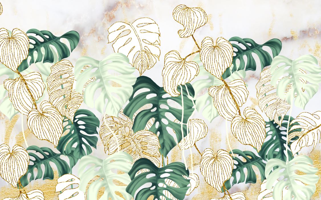 Gold Monstera Leaf Wallpaper : Marble Botanical Mural - flat design