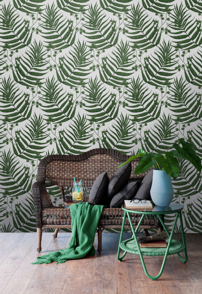 Small Fern Leaf Wallpaper : Green Palm Frond Pattern - View 3