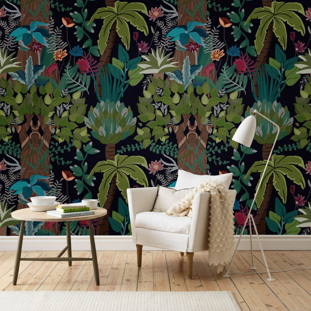 Dark Jungle Floral Wallpaper : Black Tropical Garden Pattern