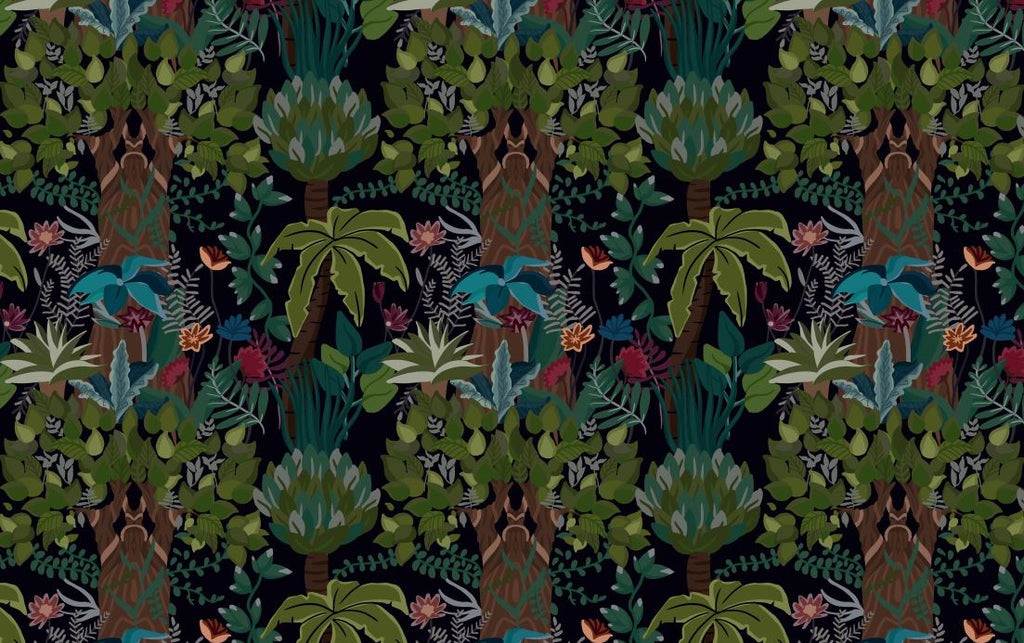 Dark Jungle Floral Wallpaper : Black Tropical Garden Pattern - flat design