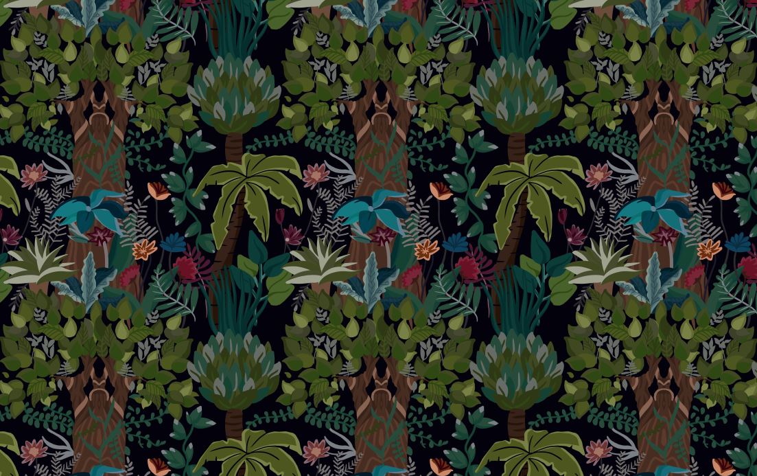 Dark Jungle Floral Wallpaper : Black Tropical Garden Pattern - flat design