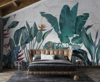 Teal Banana Leaf Wallpaper : Textured Tropical Plant Mural