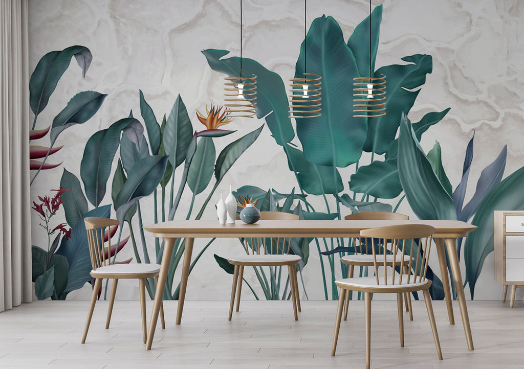 Teal Banana Leaf Wallpaper : Textured Tropical Plant Mural - View 2