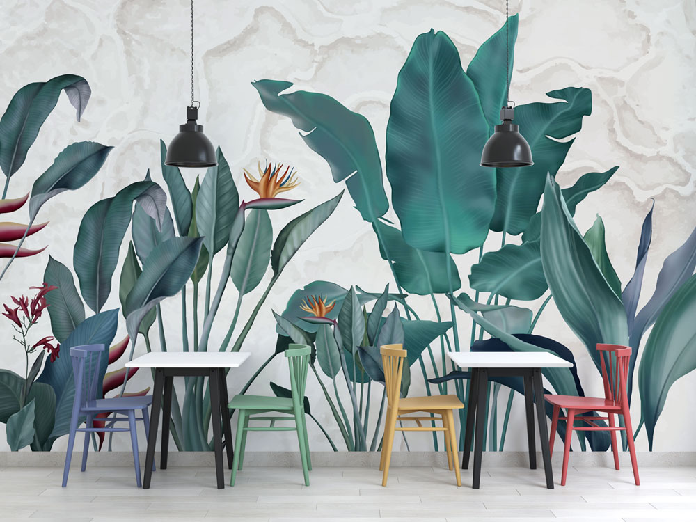 Teal Banana Leaf Wallpaper : Textured Tropical Plant Mural - View 3