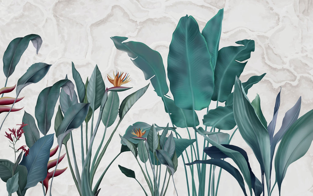 Teal Banana Leaf Wallpaper : Textured Tropical Plant Mural - flat design