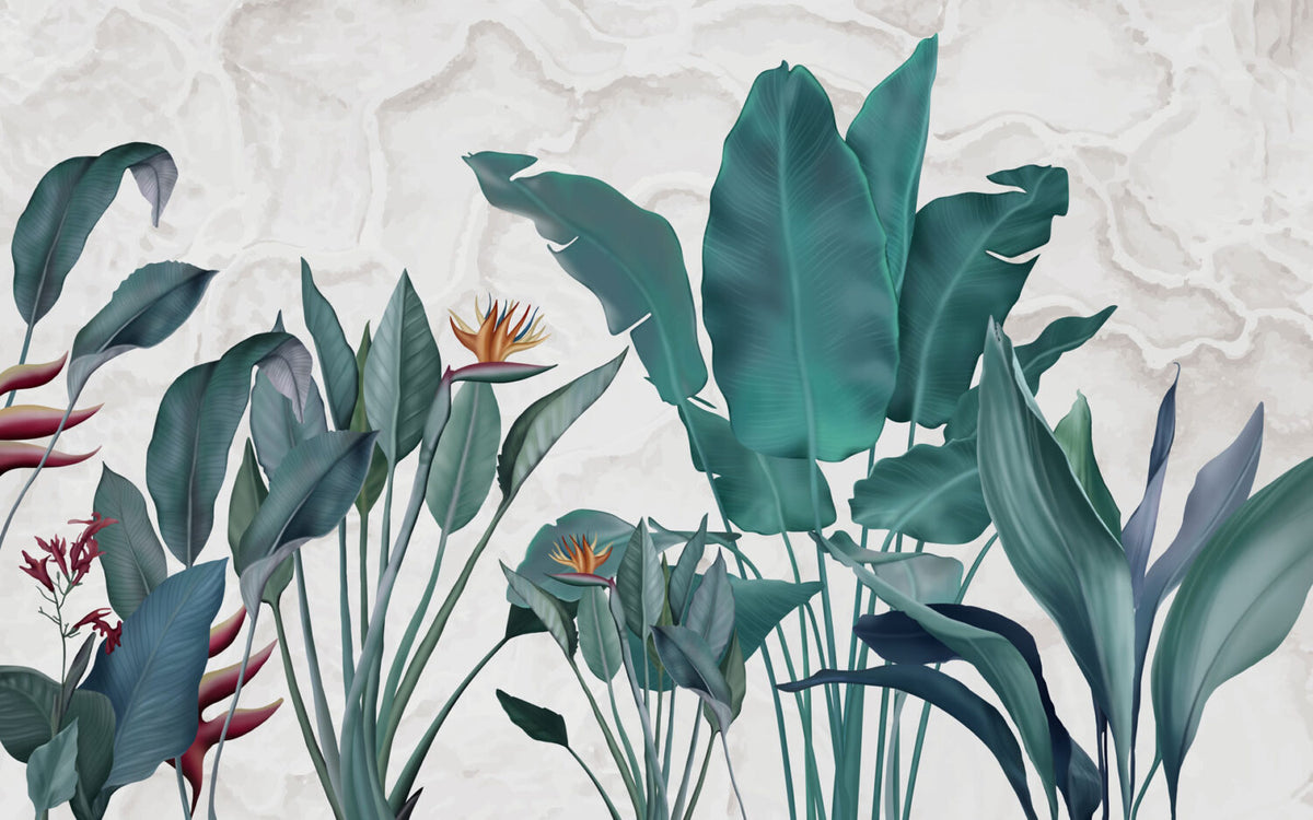 Teal Banana Leaf Wallpaper : Textured Tropical Plant Mural - flat design