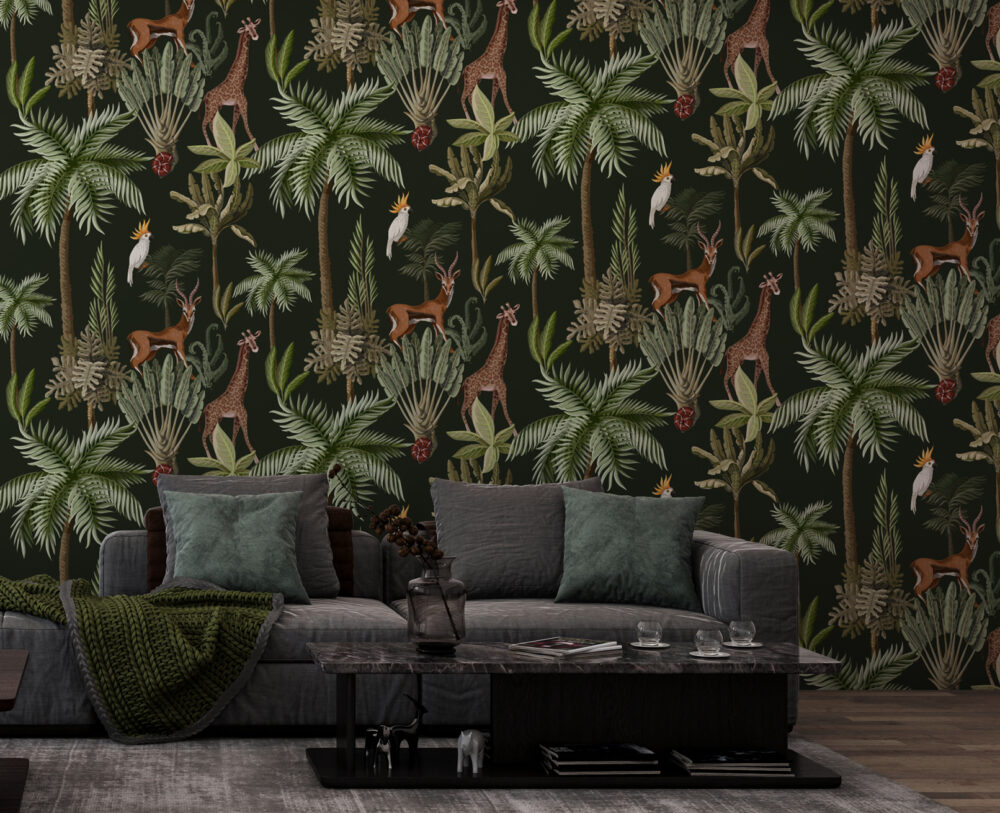 Giraffe Jungle Wallpaper : Dark Tropical Palm and Antelope Pattern