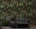 Giraffe Jungle Wallpaper : Dark Tropical Palm and Antelope Pattern