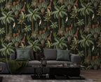 Giraffe Jungle Wallpaper : Dark Tropical Palm and Antelope Pattern