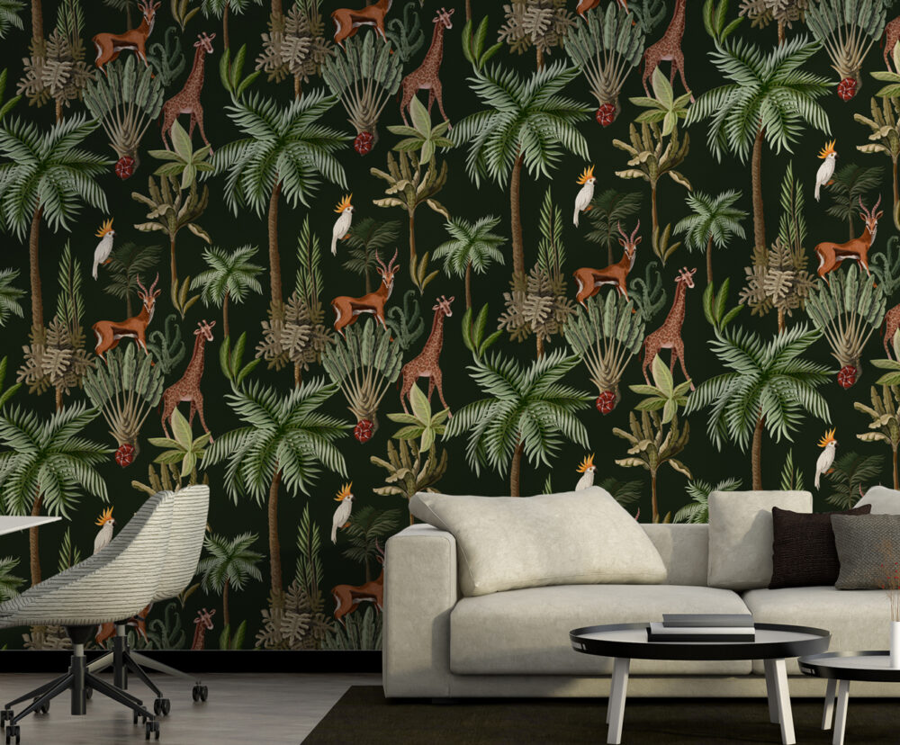Giraffe Jungle Wallpaper : Dark Tropical Palm and Antelope Pattern - View 3