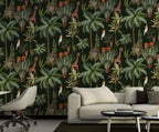 Giraffe Jungle Wallpaper : Dark Tropical Palm and Antelope Pattern - View 3