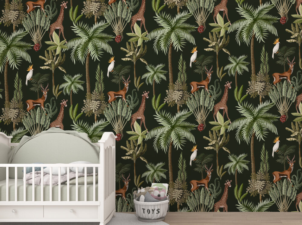 Giraffe Jungle Wallpaper : Dark Tropical Palm and Antelope Pattern - View 4