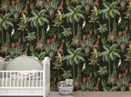 Giraffe Jungle Wallpaper : Dark Tropical Palm and Antelope Pattern - View 4