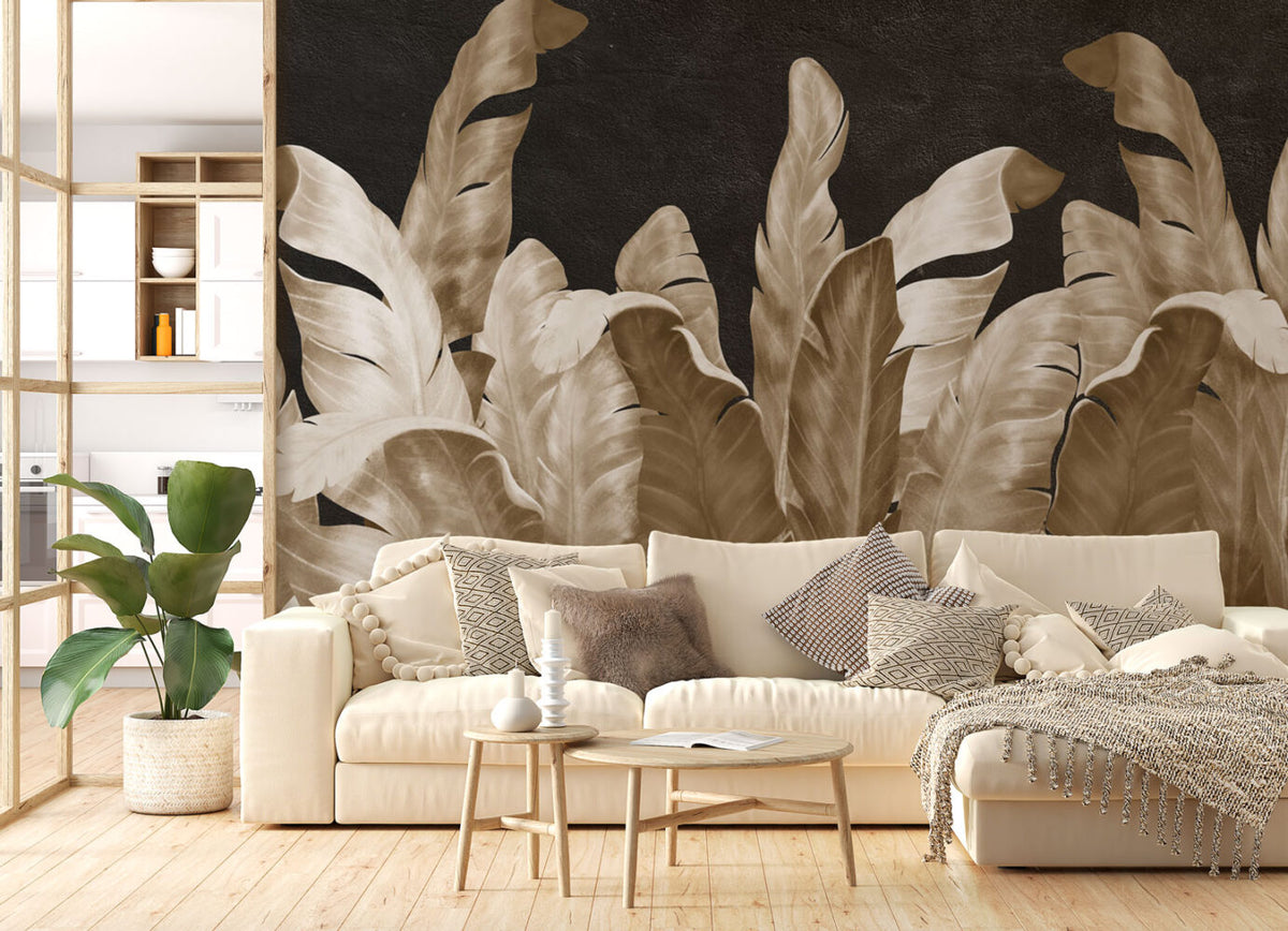 Gold Banana Leaf Wallpaper : Black Luxury Tropical Mural