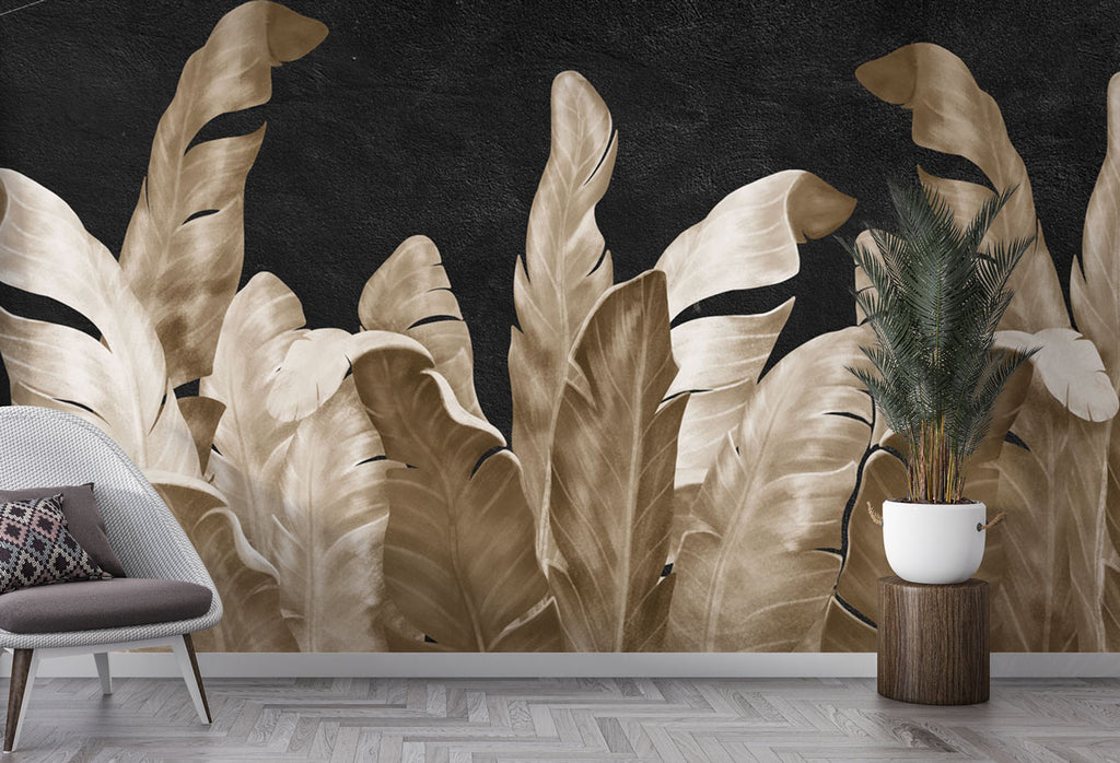 Gold Banana Leaf Wallpaper : Black Luxury Tropical Mural - View 3
