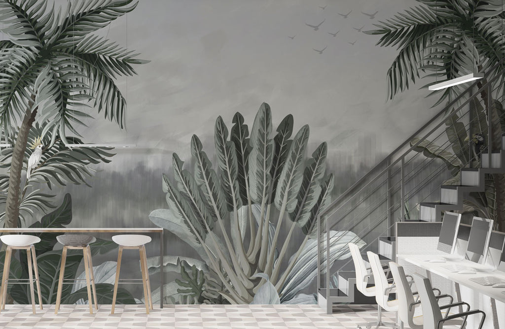Misty Grey Palm Wallpaper : Muted Tropical Jungle Mural