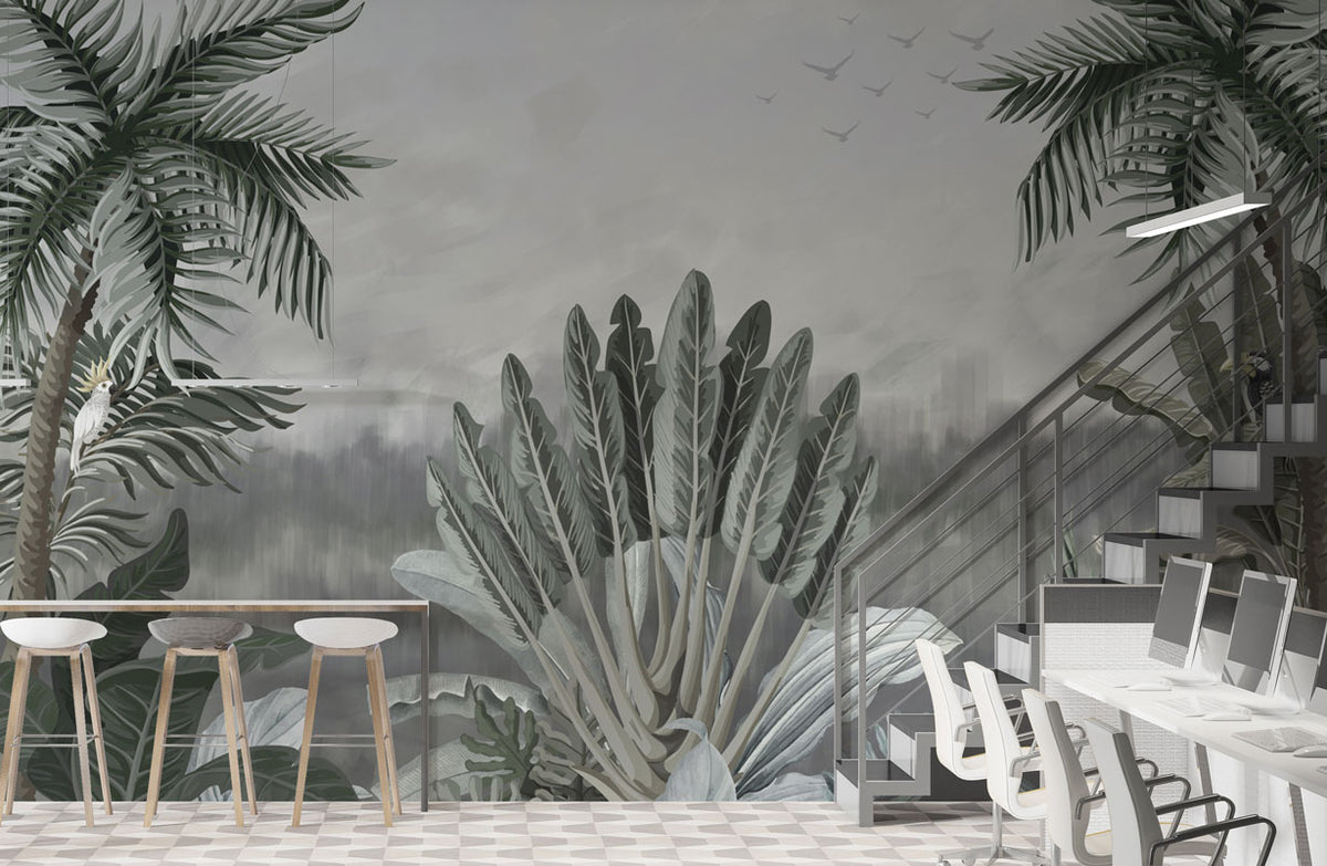 Misty Grey Palm Wallpaper : Muted Tropical Jungle Mural