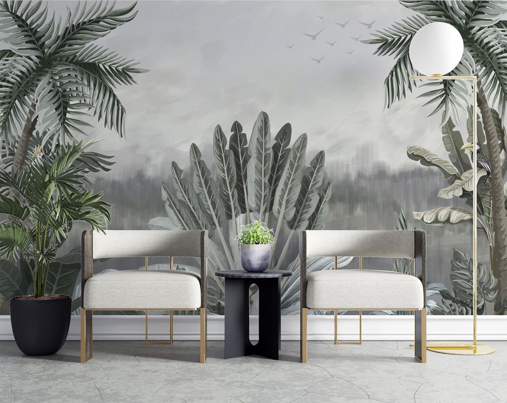 Misty Grey Palm Wallpaper : Muted Tropical Jungle Mural - View 2