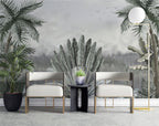 Misty Grey Palm Wallpaper : Muted Tropical Jungle Mural - View 2