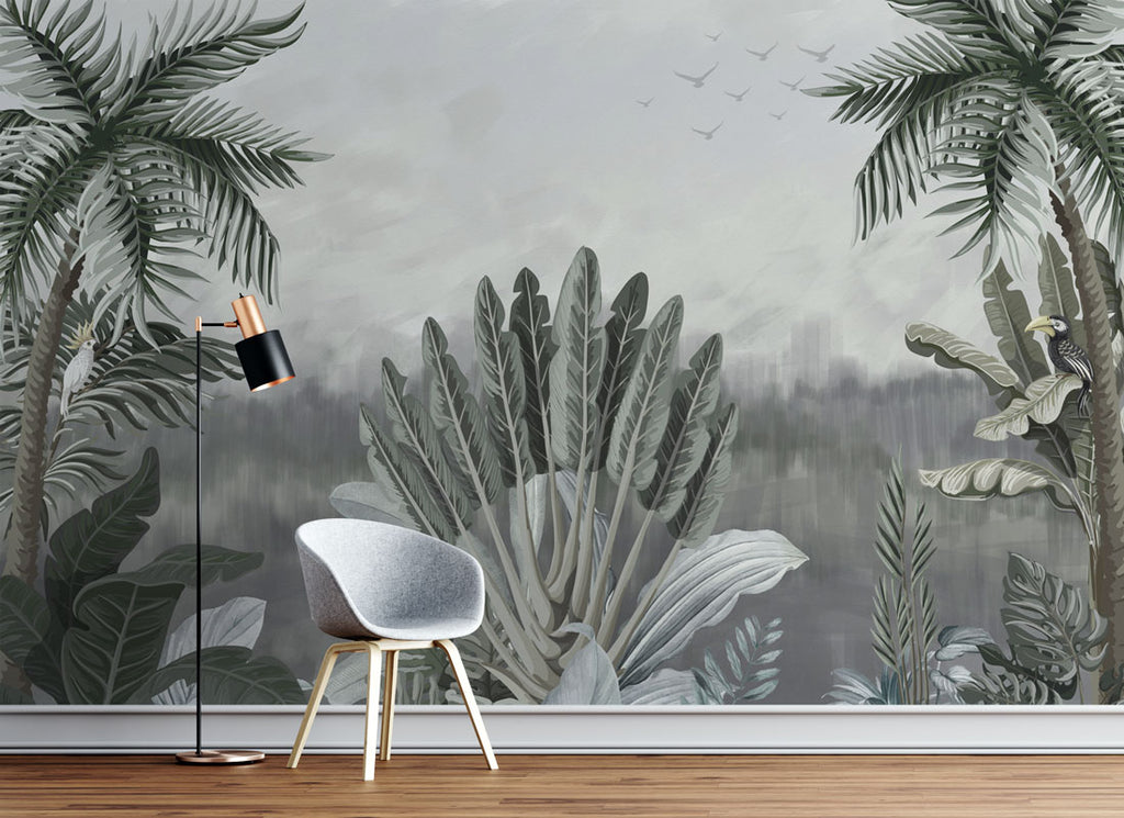 Misty Grey Palm Wallpaper : Muted Tropical Jungle Mural - View 3