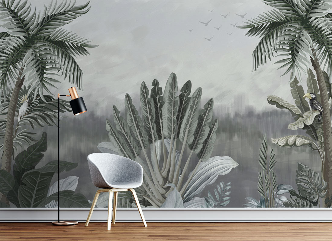 Misty Grey Palm Wallpaper : Muted Tropical Jungle Mural - View 3