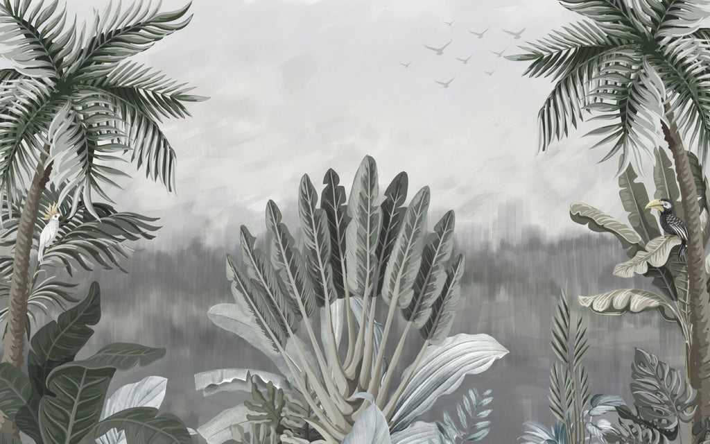 Misty Grey Palm Wallpaper : Muted Tropical Jungle Mural - flat design