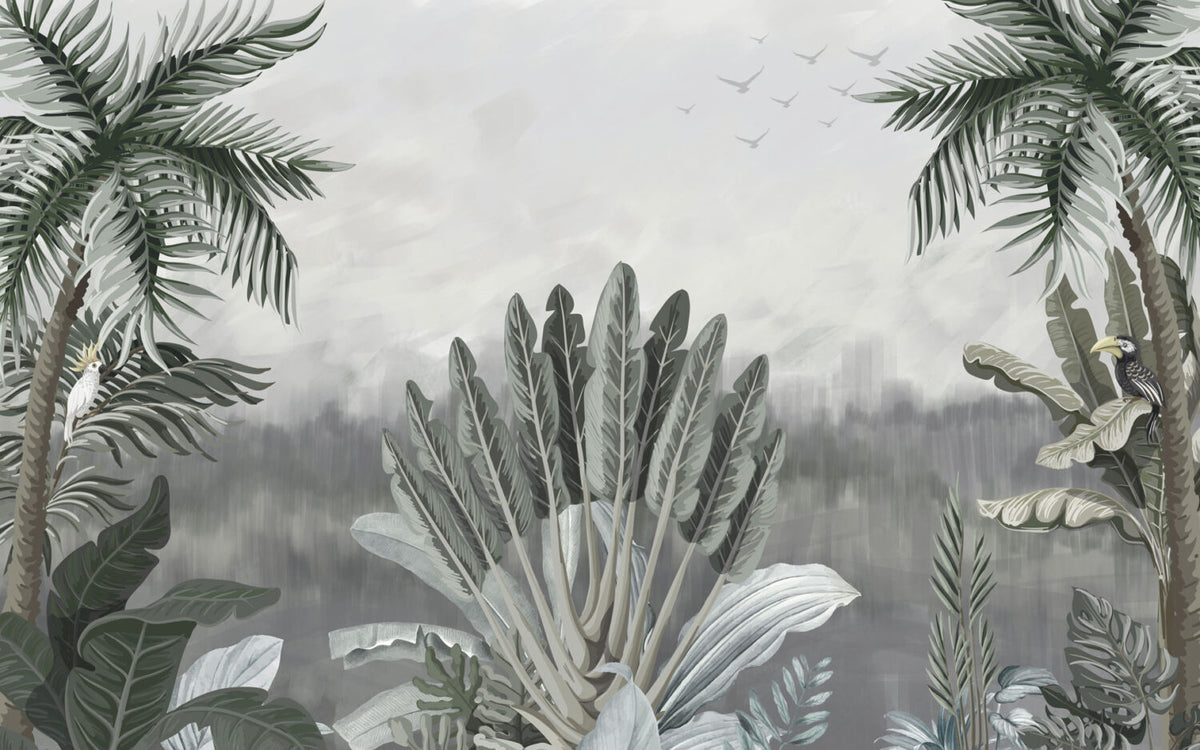 Misty Grey Palm Wallpaper : Muted Tropical Jungle Mural - flat design