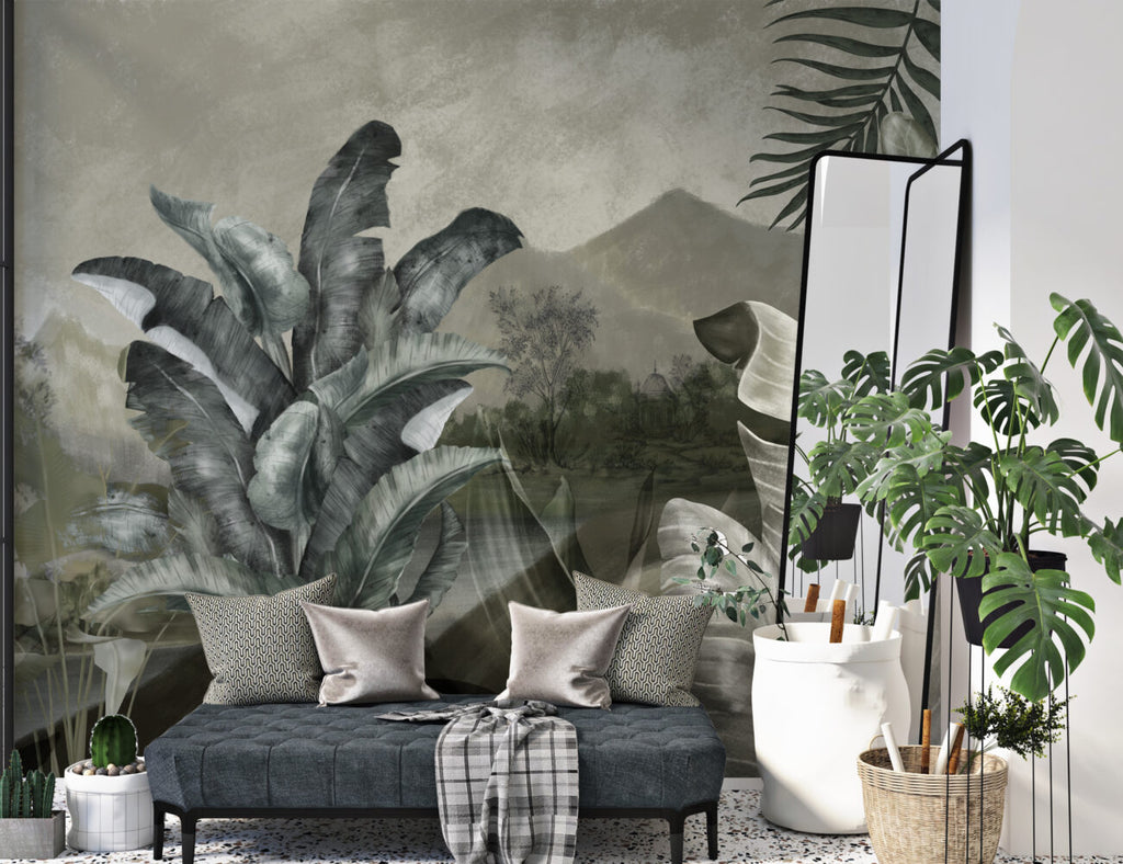 Dark Misty Jungle Wallpaper : Moody Tropical Leaf Landscape Mural - View 2