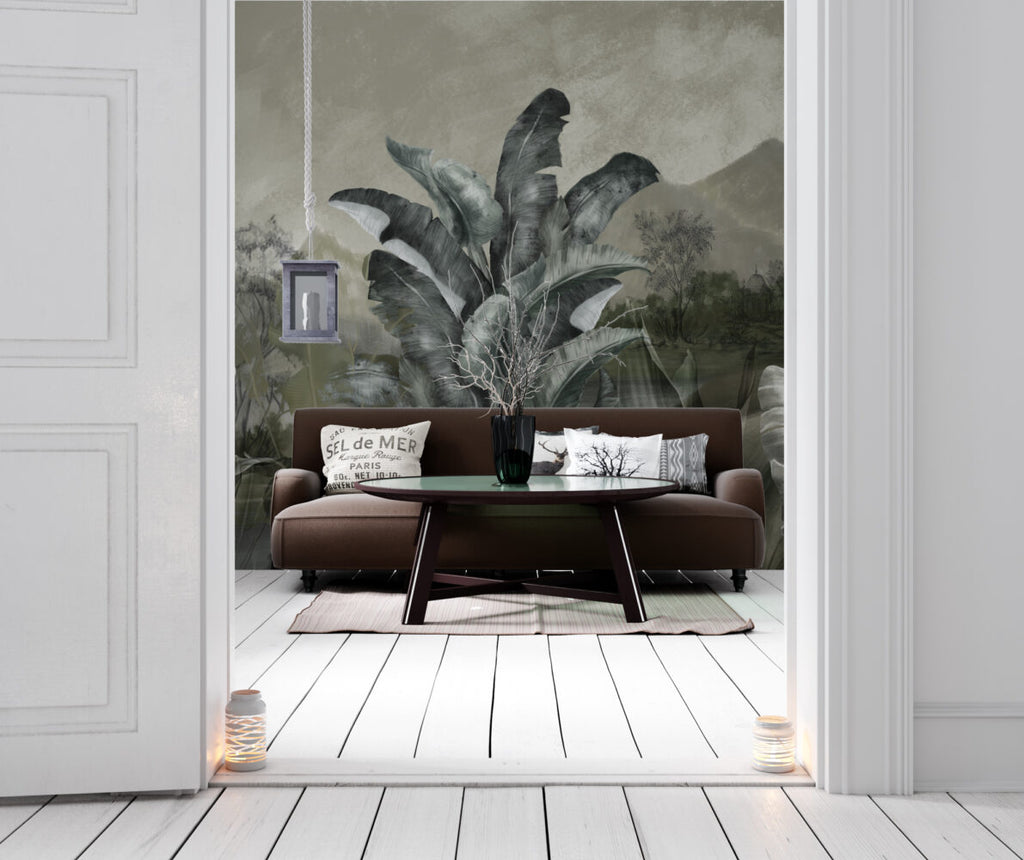 Dark Misty Jungle Wallpaper : Moody Tropical Leaf Landscape Mural - View 4