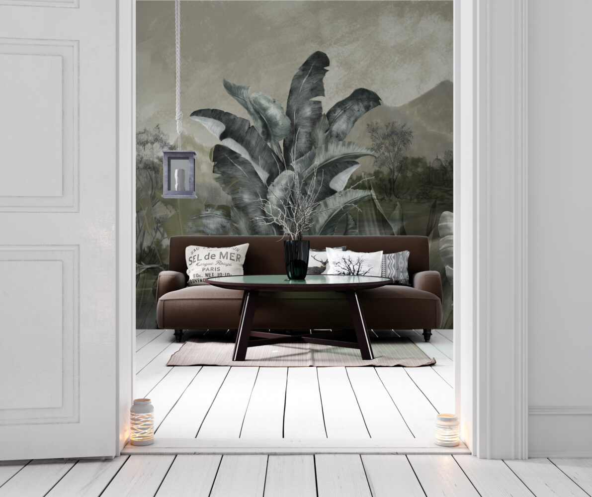 Dark Misty Jungle Wallpaper : Moody Tropical Leaf Landscape Mural - View 4