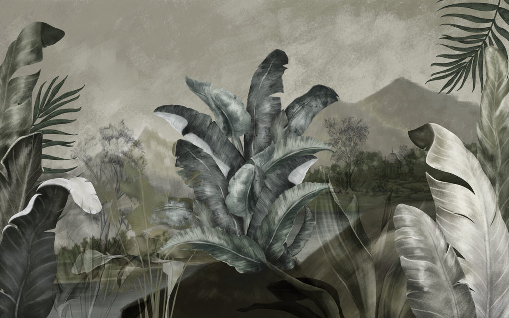 Dark Misty Jungle Wallpaper : Moody Tropical Leaf Landscape Mural - flat design