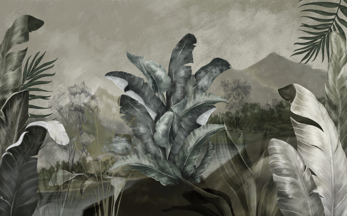 Dark Misty Jungle Wallpaper : Moody Tropical Leaf Landscape Mural - flat design
