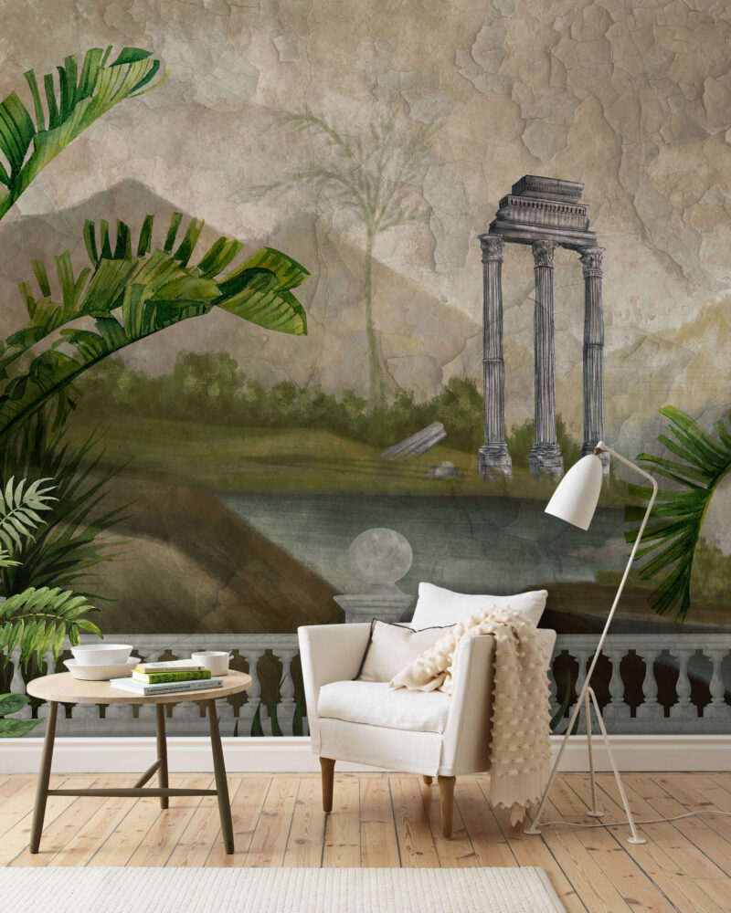Ancient Ruins Tropical Wallpaper : Roman Temple Garden Mural - View 2