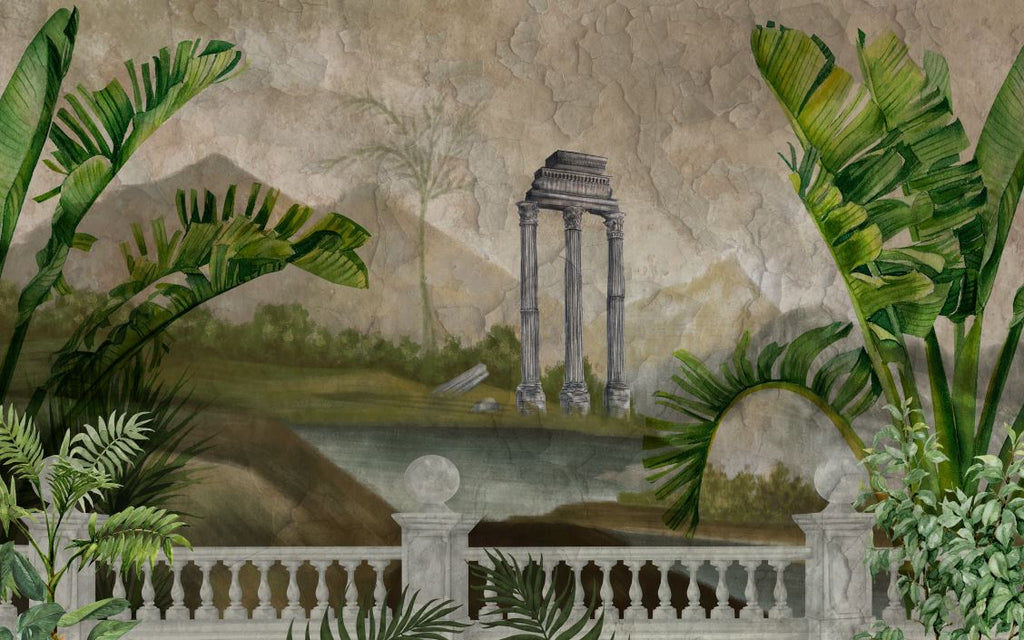 Ancient Ruins Tropical Wallpaper : Roman Temple Garden Mural - flat design