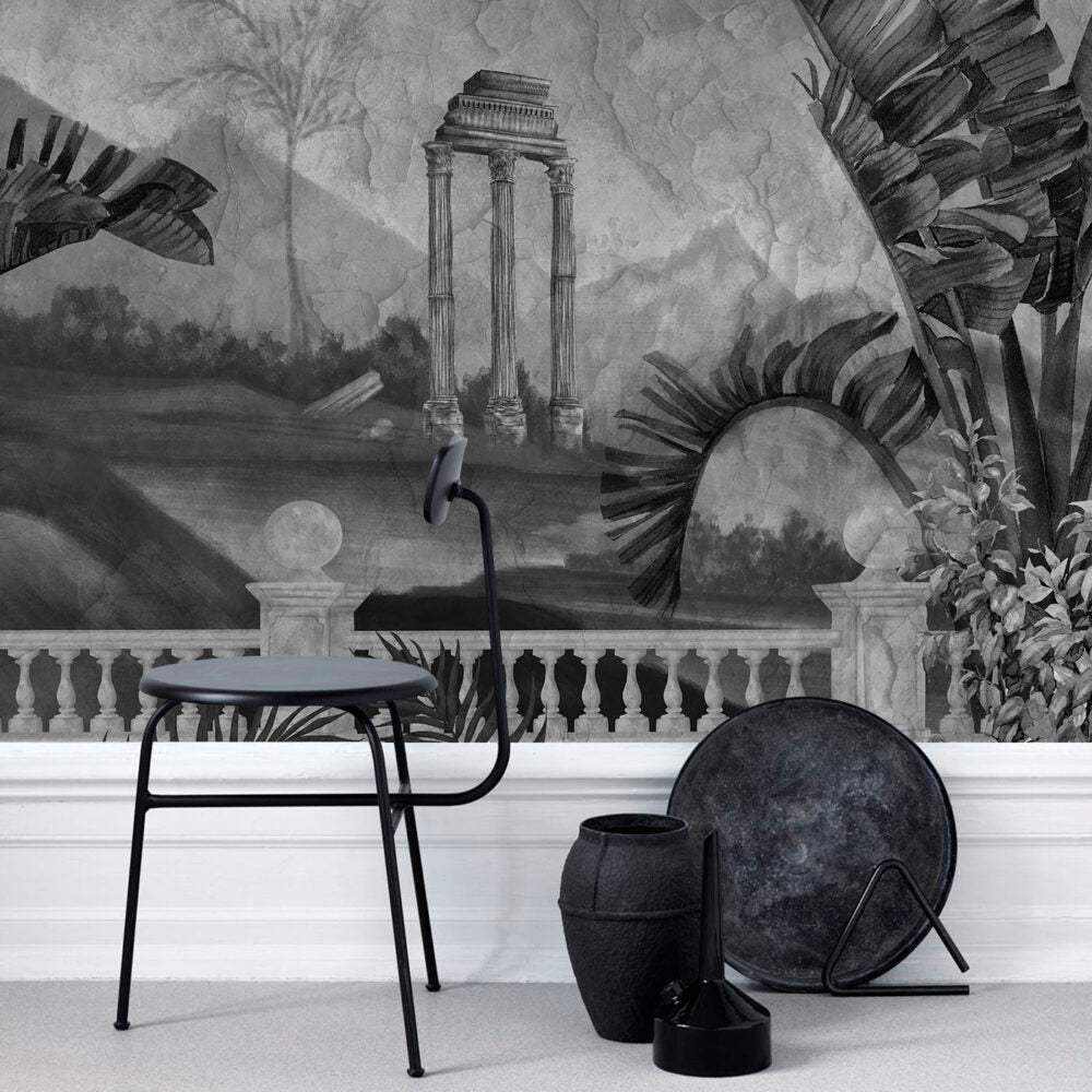Ancient Ruins Wallpaper : Grey Tropical Columns Moonlight Mural - View 3