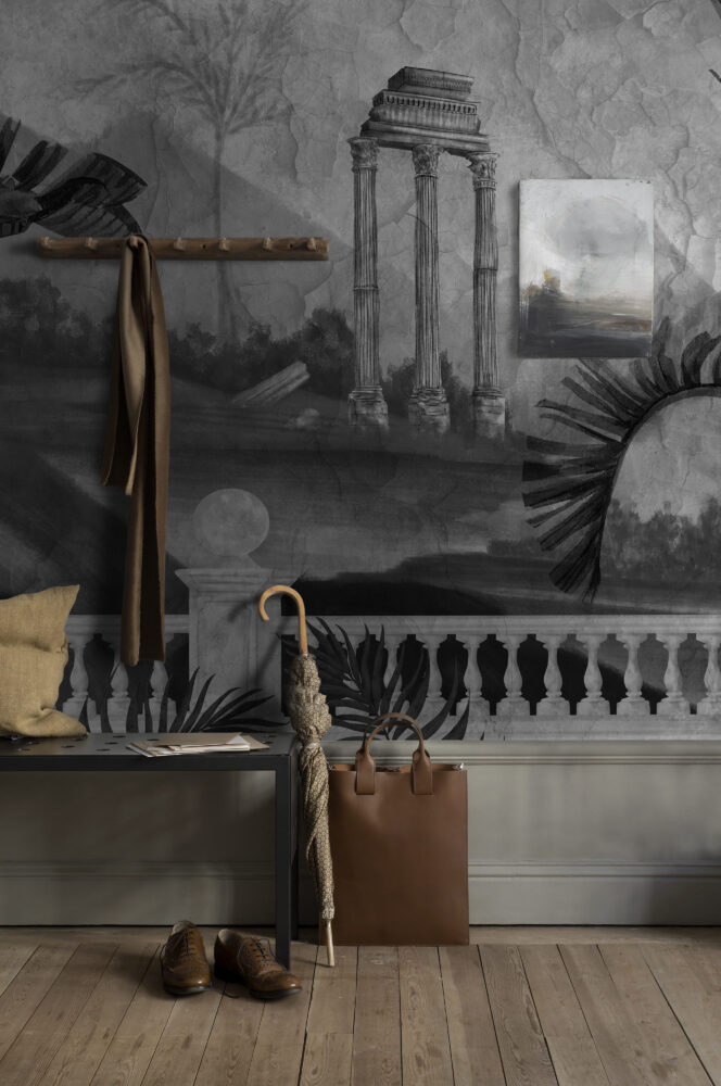 Ancient Ruins Wallpaper : Grey Tropical Columns Moonlight Mural