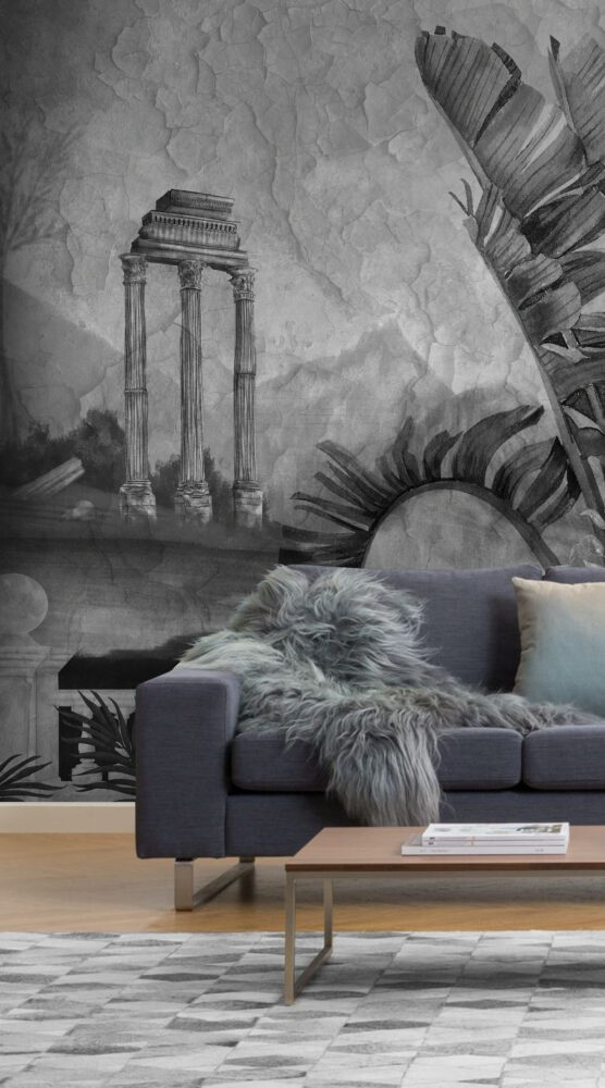Ancient Ruins Wallpaper : Grey Tropical Columns Moonlight Mural - View 4