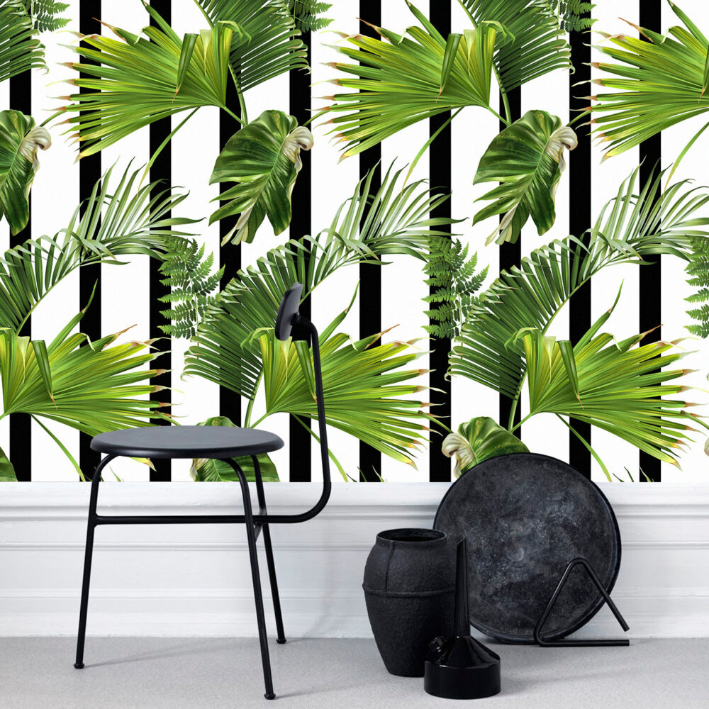 Striped Palm Leaf Wallpaper : Black White Tropical Pattern